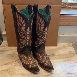 Elegant Brown and Pink Embroidered Heeled Boots by Corral Boots